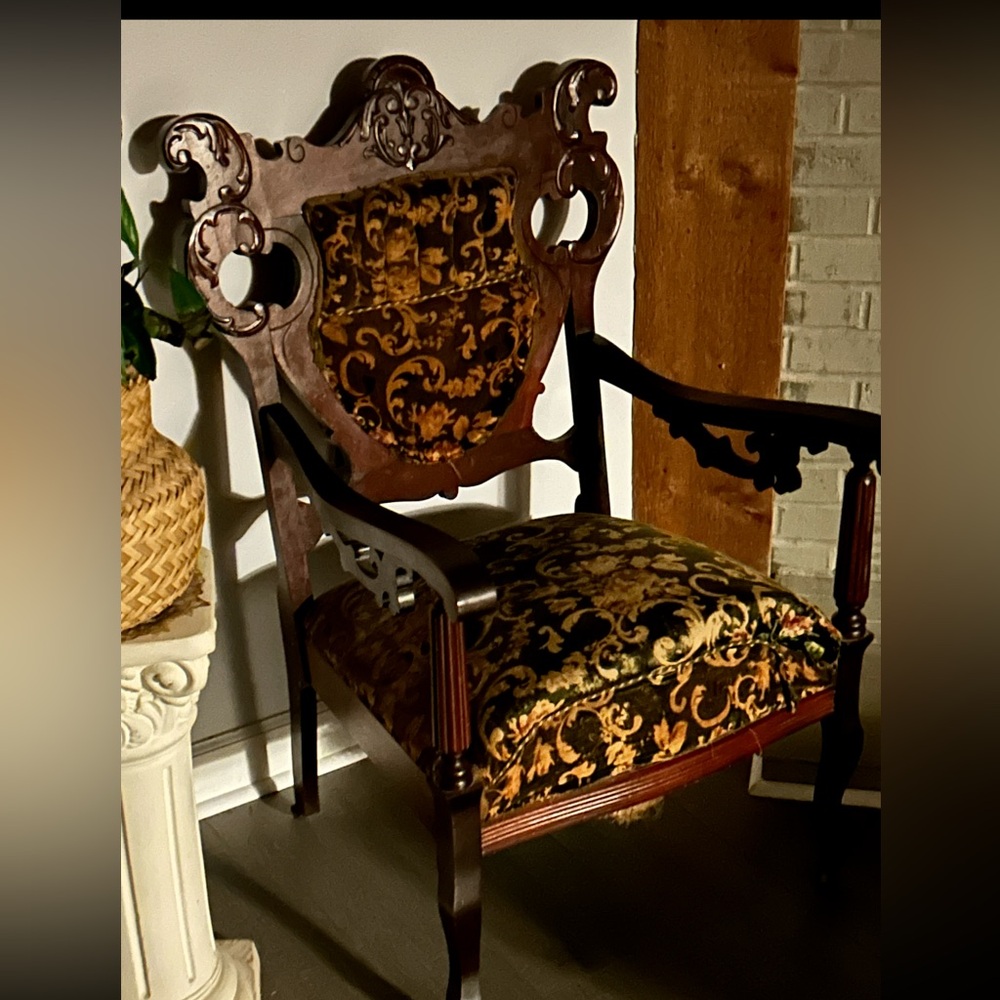 1902 antique Sears Roebuck Baroque green Mahogany Upholstered Gentleman’s Chair